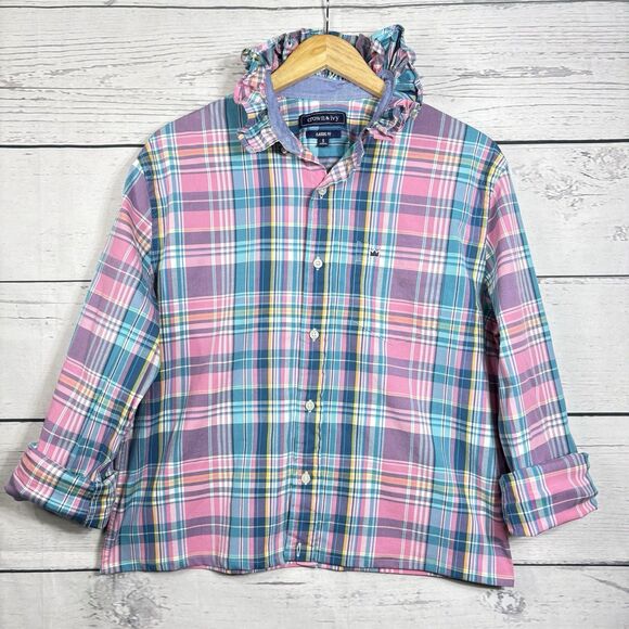 crown & ivy Tops - Crown & Ivy Upcycled Re-worked Ruffle Collar Small Medium Pastel Plaids Pink
